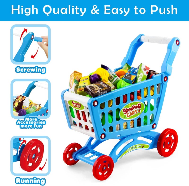 deAO Kids Shopping Cart Trolley for Groceries Toddlers 65 Food Fruit Vegetables Pretend Play Food Role Play Educational Toy Play Kitchen Toys Store Playset (Blue) - Image 3
